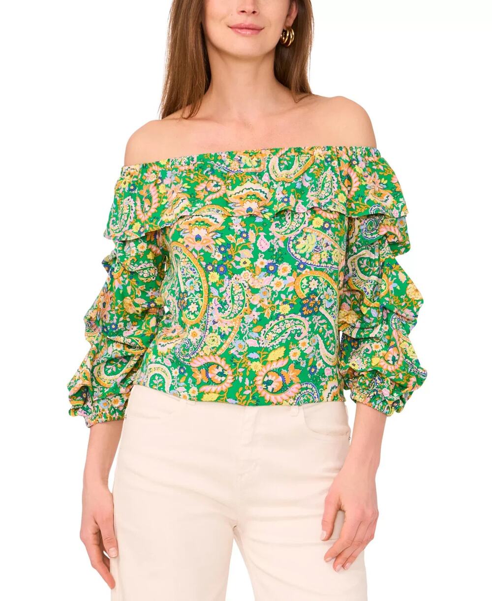 Vince Camuto Paisley-Print Ruffled Off-The-Shoulder Bubble Blouse Size XL 0529